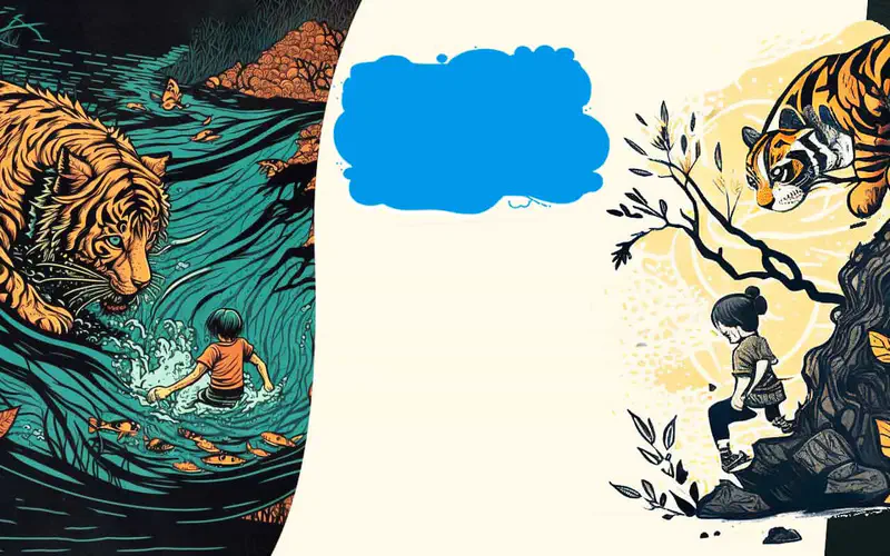 Split scene showing tiger swimming in river with fish while child wades nearby, and child climbing rocks looking up at tiger.