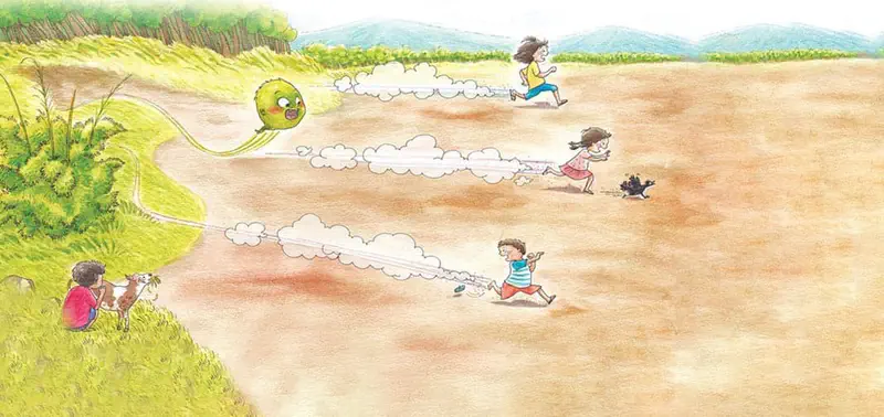 Children run away across a dusty field leaving trails of dust behind them. The green ghost watches sadly from a grassy hill with a dog and child nearby.