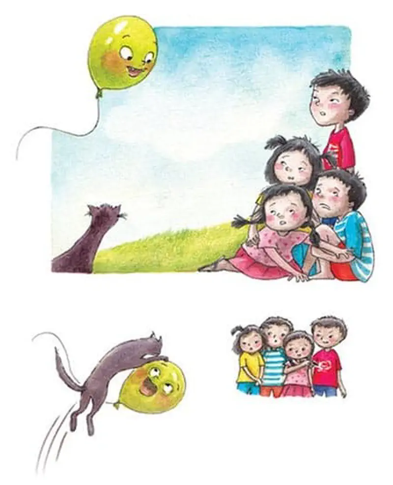 The ghost disguises as a yellow balloon floating above scared huddled children. Below, a cat plays with the ghost while children watch curiously.