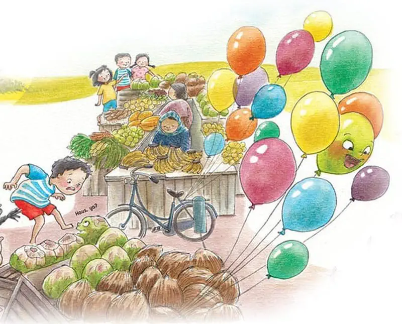 The green ghost hides among colorful balloons at a busy fruit market. A boy runs past coconuts while vendors sell bananas and vegetables.