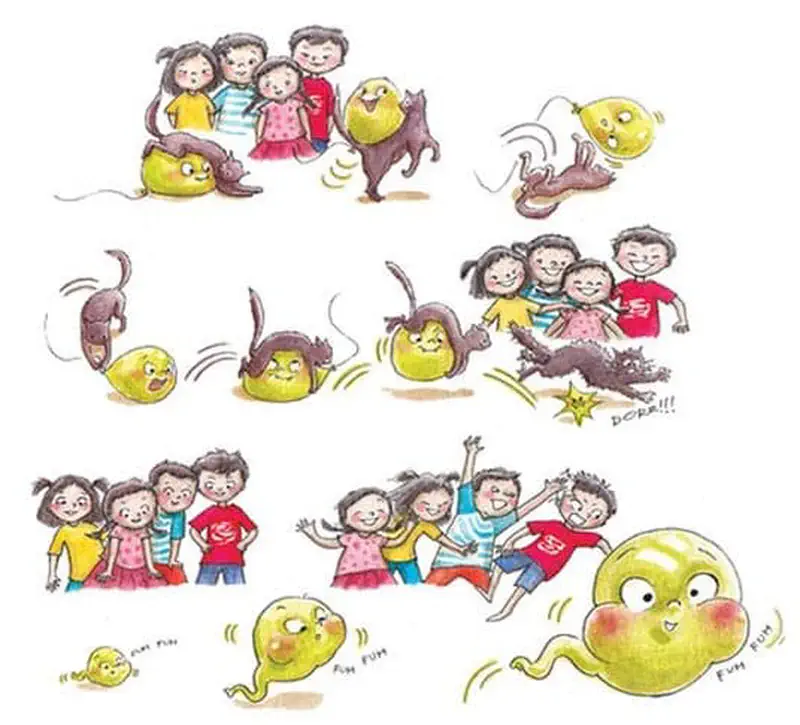 Multiple scenes show the ghost playing with a brown cat and children. The ghost chases, plays, and bounces around happily with his new friends.