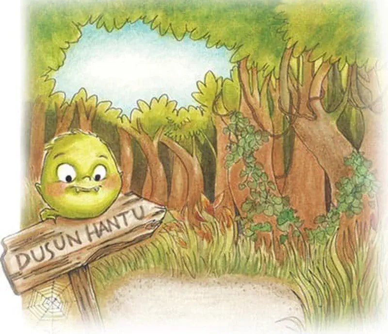 A friendly round green ghost named Gad peeks from behind a wooden sign in a forest. Tall brown trees and green leaves surround the path.