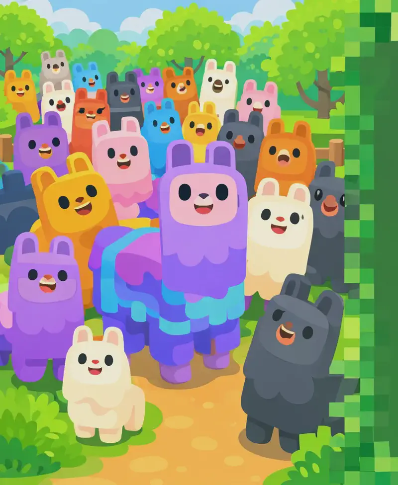 On the left side of the image, a large crowd of blocky Minecraft-style llamas is gathered together outdoors on a dirt path, standing and facing various directions with cheerful or mischievous expressions. A prominent purple-and-blue llama stands at the front of the group, with many more llamas of different colors (purple, blue, orange, white, pink, dark gray) packed closely behind it, suggesting the growing party mentioned in the text. The scene is set in a bright morning in a grassy, tree-lined suburban yard, with a wooden fence visible behind the group. The right side of the image is a plain dark-green text overlay area bordered by a pixelated leaf frame.