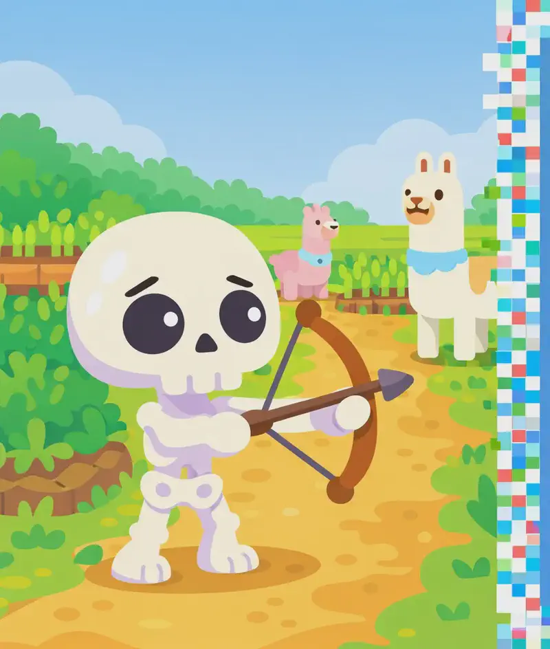 Skel stands on the left side of the image, facing toward a group of llamas in an outdoor scene with green fields, bushes, and crops visible in the background under a blue sky with soft white clouds. Skel has an oversized round cream-white skull, large dark navy-black eye sockets with small white dot pupils, and a small stubby pale-white bone body with soft lavender-purple shading at the joints. Skel has a worried, concerned expression with raised eyebrows, and is holding a brown wooden bow with an arrow nocked, aiming it toward the llamas while standing upright on a dirt and grass path. Two llamas are visible facing Skel — a small pink llama with a pale blue collar in the center of the scene, and a larger cream-white llama with a light blue neckerchief standing to its right near the crops. The right ~40% of the image is a plain blue text panel with a decorative mosaic border, left clear for text overlay.