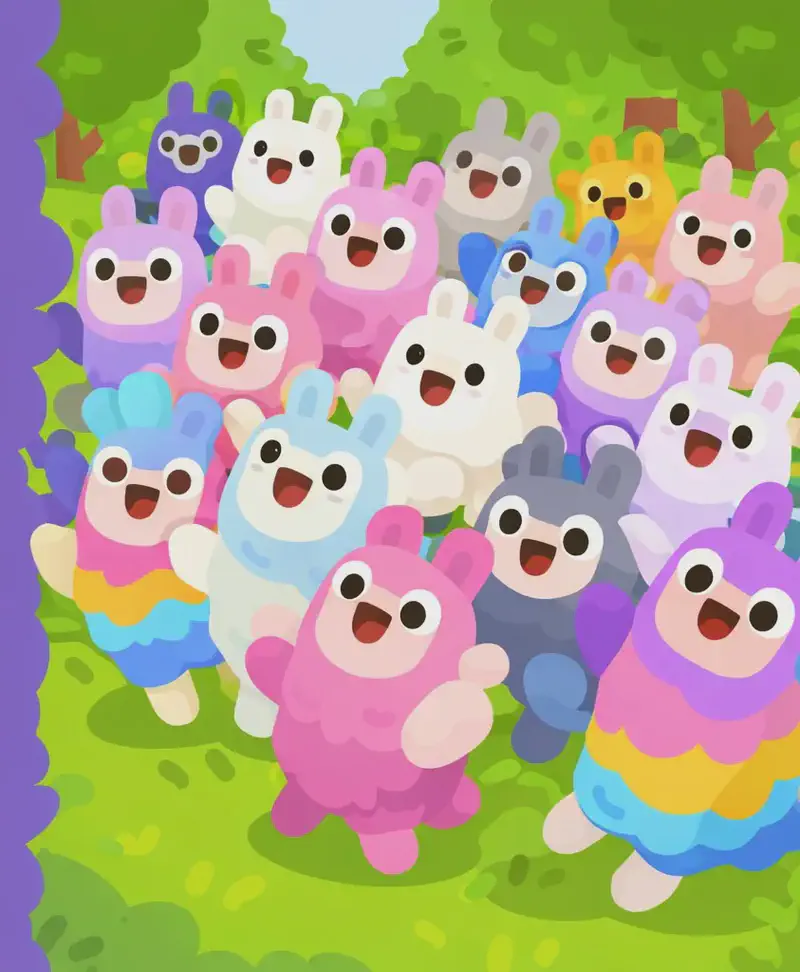 On the right side of the image, a large crowd of colorful llamas (white, pink, purple, blue, gray, and multicolored) presses eagerly into an outdoor grassy area, packed tightly together with excited, wide-eyed expressions. The llamas are seen from a slightly elevated angle, jostling and crowding one another as they swarm the spot, some standing and some pushing forward enthusiastically, rioting across the grass in a fever. The scene is set outdoors during daytime with green trees and foliage visible in the background. The left side of the image is a plain purple-toned background area clear of characters.