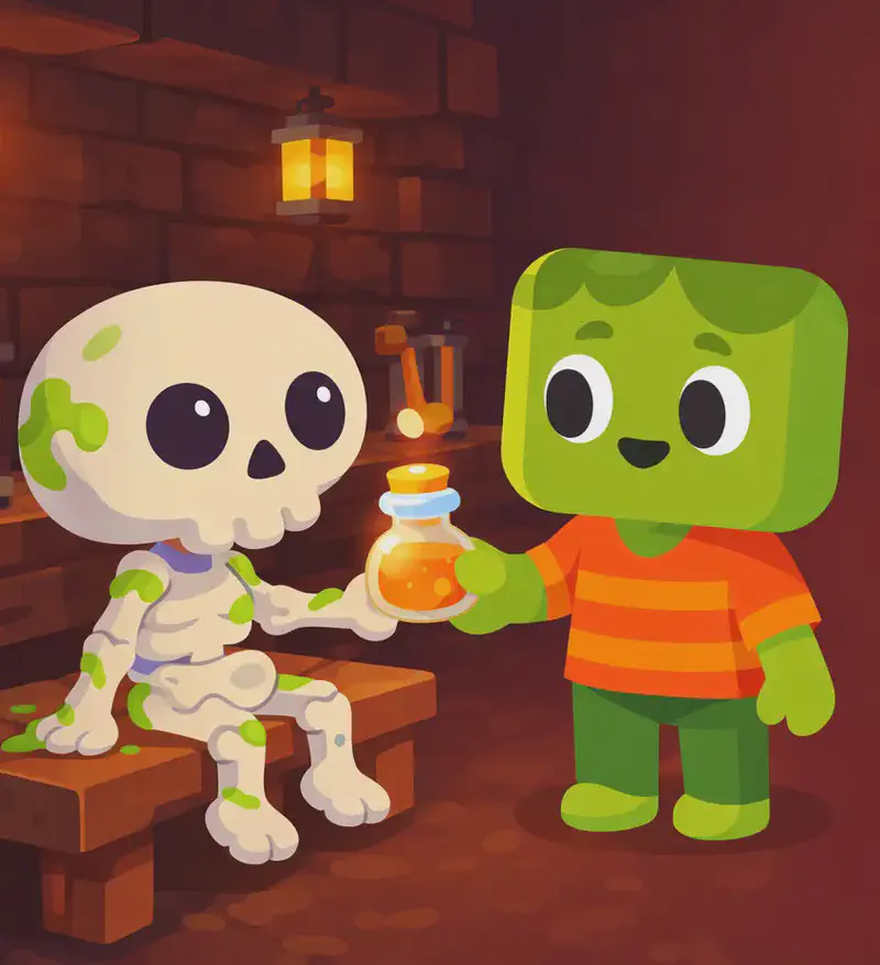 On the left side of the image, Skel is sitting on a wooden bench or table, still showing traces of green spit on his bones, while Zom stands facing him holding a glowing vial of warm potion, tending to Skel's state with a caring, determined expression. Zom has a blocky, squared-off head with light green skin, darker green messy hair, large white eyes with black pupils, and wears an orange-and-red horizontally striped t-shirt with dark green pants and bright green shoes. Skel has an oversized round cream-white skull with large dark navy-black eye sockets and small white dot pupils, looking relieved. The scene is set indoors in a dimly lit stone room with warm glowing lanterns and brewing stands visible on shelves in the background, giving it a cozy hideout feel. The right side of the image is open plain background with a dark reddish tone.