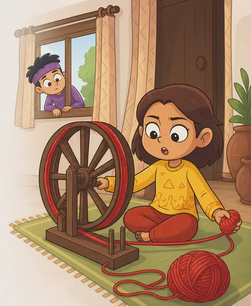 On the right side of the image, Nib sits cross-legged on the floor on a green woven rug beside a spinning wheel threaded with red yarn, one hand reaching toward the wheel and the other holding a small ball of red yarn. She is a small child with a round face, large expressive dark eyes, thick eyebrows, chin-length dark brown hair parted to the side, and warm medium-tan skin. She wears a mustard-yellow long-sleeve sweater with subtle decorative patterns and brick-red pants. She has a determined, slightly defiant expression as she looks up from her work, mouth open as if calling out. A large ball of red yarn with a trailing strand sits in front of her on the rug. Behind her in the center-left, one of Nib's brothers leans through an open window framed by pale patterned curtains, peering in at her with a concerned expression. He has dark navy-blue messy hair, light fair skin, a purple headband, and wears a purple knitted sweater with a subtle pattern. Green trees and blue sky are visible through the window behind him. The scene is set indoors in a cozy room during daytime, with a dark wooden door and a potted plant in a clay pot on the far right. The left side of the image is plain light background. The background and foreground art style is not Minecraft and should match the characters.