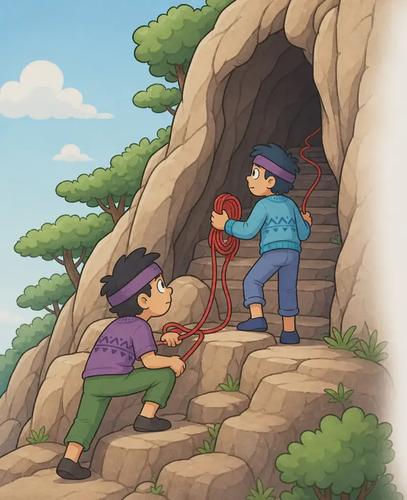 On the left side of the image, two of Nib's brothers climb toward the entrance of a large, dark cave set into a rocky mountainside, where rough stone steps lead up into the gloom. They have dark navy-blue messy hair, light fair skin, thick dark eyebrows, and wear purple headbands. The brother standing upright at the cave mouth wears a blue knitted sweater with a subtle zigzag pattern, blue rolled-cuff pants, and blue shoes; he holds a coiled bundle of red wool in his hands, gazing cautiously into the darkness with a determined posture. The other brother crouches low on the rocks just below and behind him, wearing a purple short-sleeved top with a subtle zigzag pattern, olive-green pants, and dark shoes, gripping the red wool thread as he looks up toward the cave with a tense, ready stance. The thin red thread of wool runs between them, loops upward, and disappears into the dark cave interior. Leafy green trees and small shrubs cling to the rocky cliff face around the cave entrance, with a bright blue sky and white clouds behind. The right side of the image is open, blank white space with no detail.