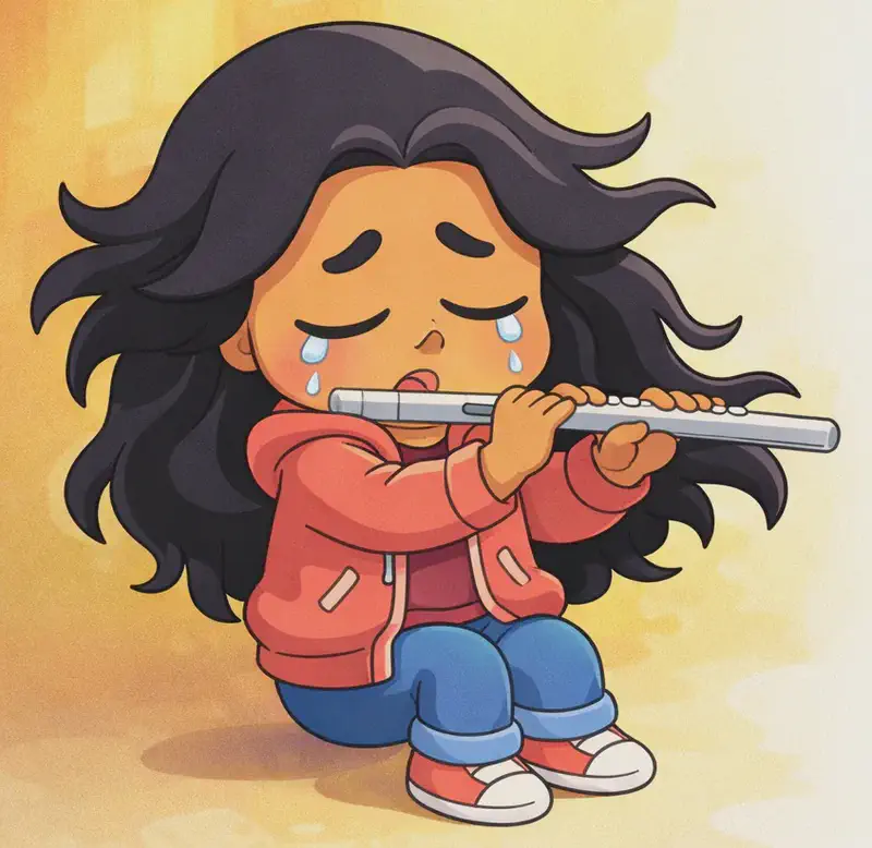 On the left side of the image, Girl sits playing a flute, holding it up to her lips with both hands. She has long, wavy black hair flowing past her shoulders, warm medium-brown skin, and rosy cheeks. She wears a coral-pink zip-up jacket over a darker pink/magenta top, blue jeans, and white sneakers with blue accents. Her eyes are closed and her expression is sorrowful, with tears visible on her cheeks. The warm golden-yellow watercolor background behind her suggests soft indoor light from a window. The right ~40% of the image is plain white background.
