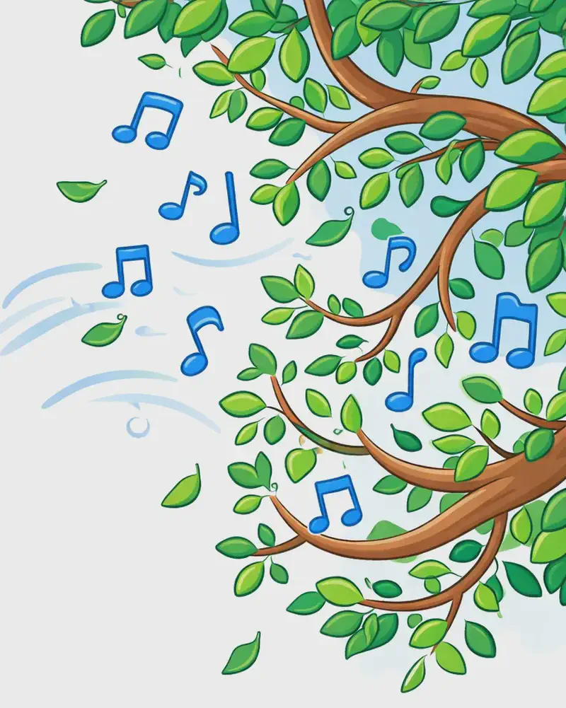 On the right side of the image, leafy tree branches with lush green leaves extend inward from the upper-right corner, with a few loose leaves drifting away in the breeze. Blue musical notes float among the branches and swirl through the air toward the left, carried by the wind. The left side is open white background with faint, wispy breeze lines suggesting gentle movement. The scene is a bright, outdoor daytime setting evoking a light, airy mood. No characters are present in this image.