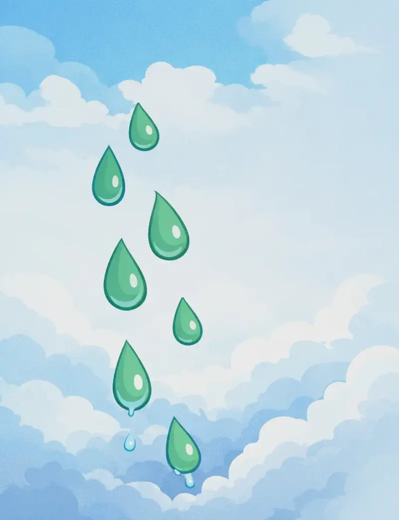 On the left side of the image, several green teardrop-shaped forms (resembling both tears and leaves) drift downward through a soft watercolor sky, falling toward pale blue-gray clouds that billow across the lower right. A patch of blue sky is visible in the upper left corner, while the overall scene evokes a gentle, melancholy atmosphere of tears transforming into rain as they sink into the clouds. No characters are present in this illustration — it is a purely atmospheric, abstract scene.