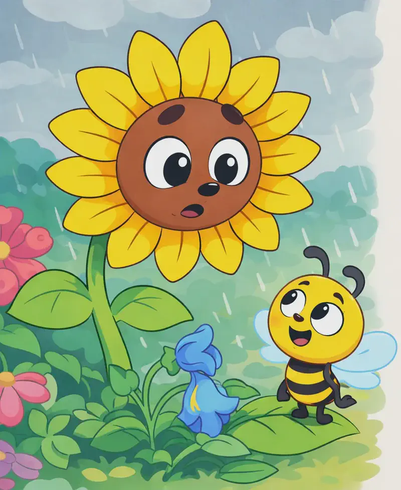 On the left side of the image, Sunflower leans down with a concerned, worried expression, turning toward Bee. Bee stands on a green leaf near a blue flower at Sunflower's base, looking up attentively with a curious expression. The outdoor scene is set in a lush garden with colorful flowers and green foliage, but the sky is overcast with soft gray clouds and a light drizzle of rain is still falling. The right ~40% of the image is plain white background.