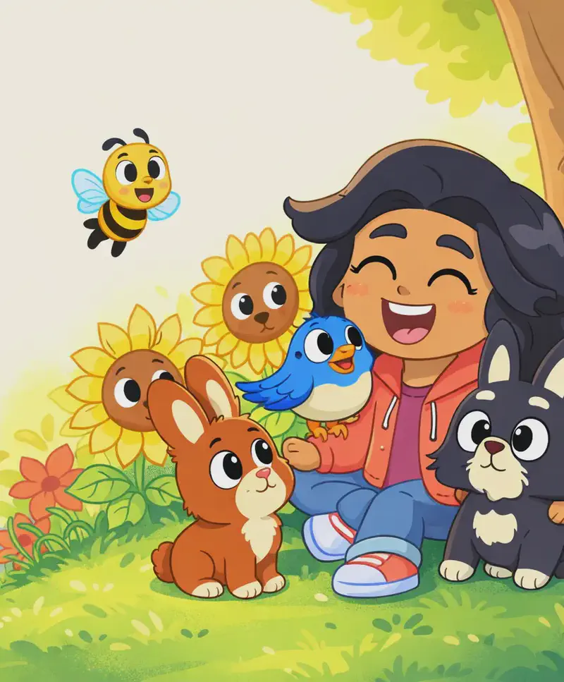 On the right side of the image, Girl sits happily on a grassy hillside beneath a tree, smiling warmly with her mouth open in joy. Bird perches on her arm, and Brown Rabbit sits contentedly in front of her. Black Rabbit nestles beside her on the other side. Bee hovers nearby above the sunflowers, smiling. The scene is set outdoors in a sunny garden with large sunflowers and colorful flowers surrounding the group, bathed in warm golden light.