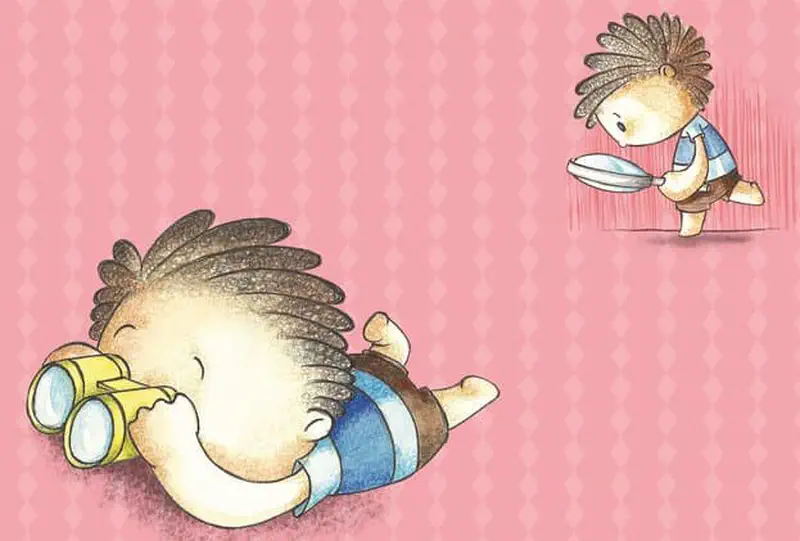 Child with braided hair lying on floor looking through yellow binoculars while same child walks with magnifying glass on pink background.