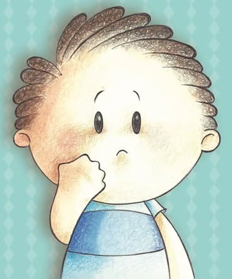 Close-up of a worried child with braided hair and a blue shirt, covering their mouth with one hand against a teal background.