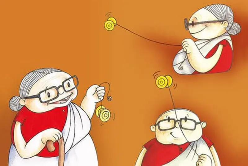 Three views of a happy grandmother in white robes doing yo-yo tricks against an orange background. She swings the yellow yo-yo skillfully.