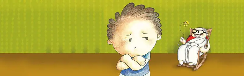 A disappointed child stands with arms crossed while grandmother relaxes in a rocking chair playing with the yo-yo behind them.