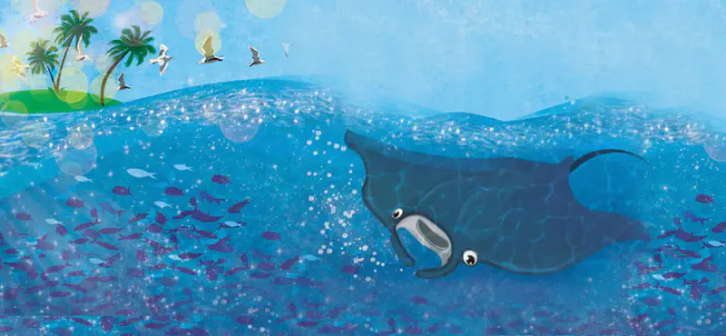 A manta ray swims underwater near a tropical island with palm trees and seagulls flying above. Schools of fish swim in the sparkling blue ocean.