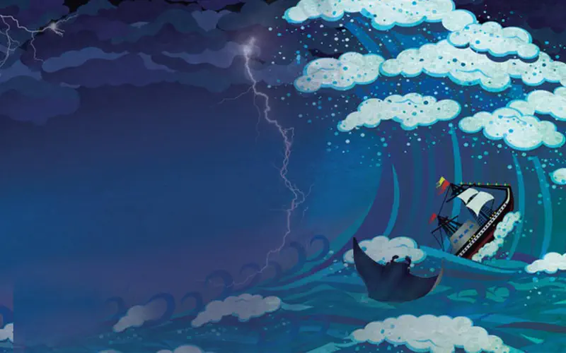 A dramatic storm scene with lightning, dark clouds, and huge waves. A boat tilts dangerously as a manta ray swims below.