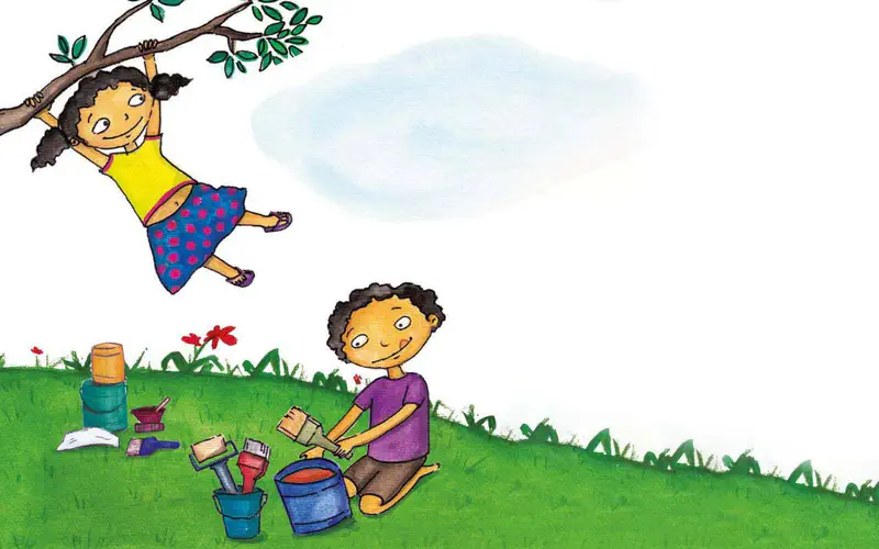 A girl swings from a tree branch while a boy sits on a grassy hill with paint pots and brushes. Red flowers dot the green yard.