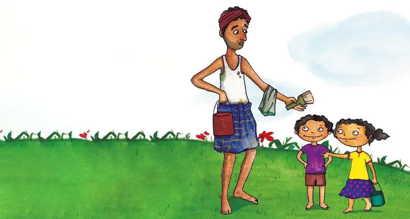 A tall painter in a turban hands brushes to two eager children on a grassy hill. The girl carries a blue paint pot.