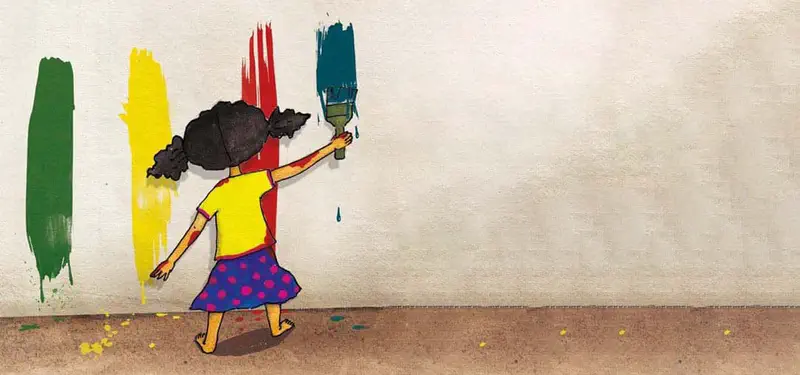 A girl with pigtails paints colorful stripes on a wall - green, yellow, red, and blue. Paint drips on the ground below.