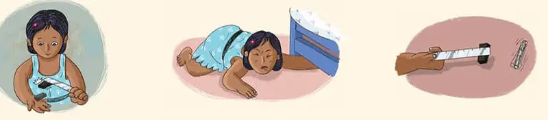 Three scenes: a girl attaches a magnet to a ruler, lies down reaching under the bed, and successfully retrieves the pen with her magnet tool.