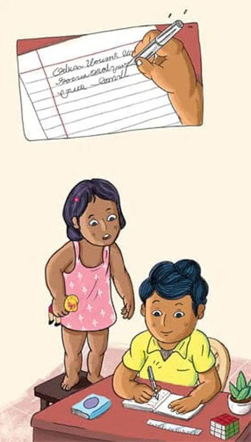A girl watches her brother write at a desk with a shiny pen. Above, a hand demonstrates beautiful handwriting on lined paper.
