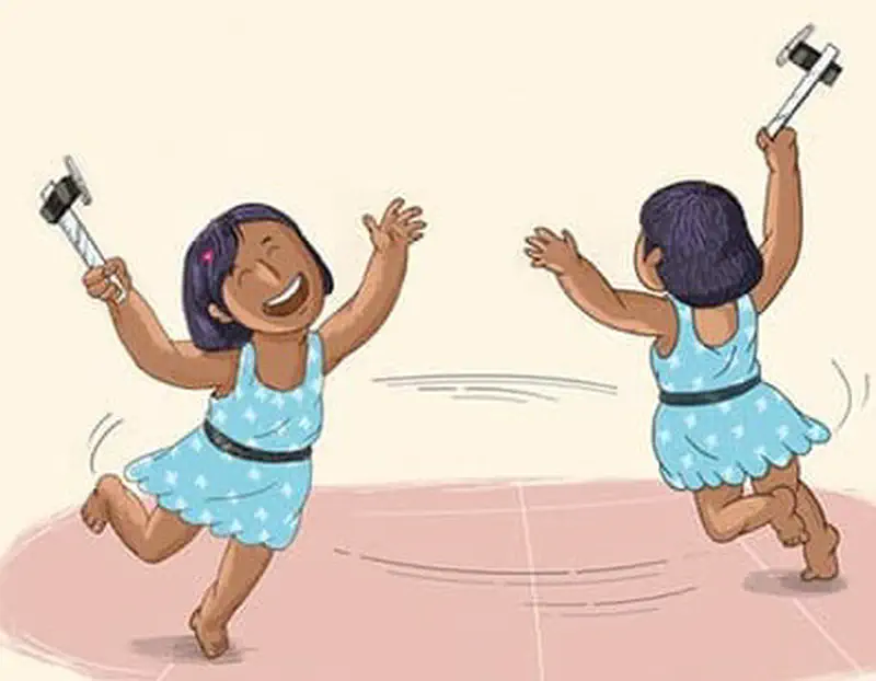 A joyful girl dances and celebrates, holding the ruler with magnet and pen attached. Two views show her spinning happily.