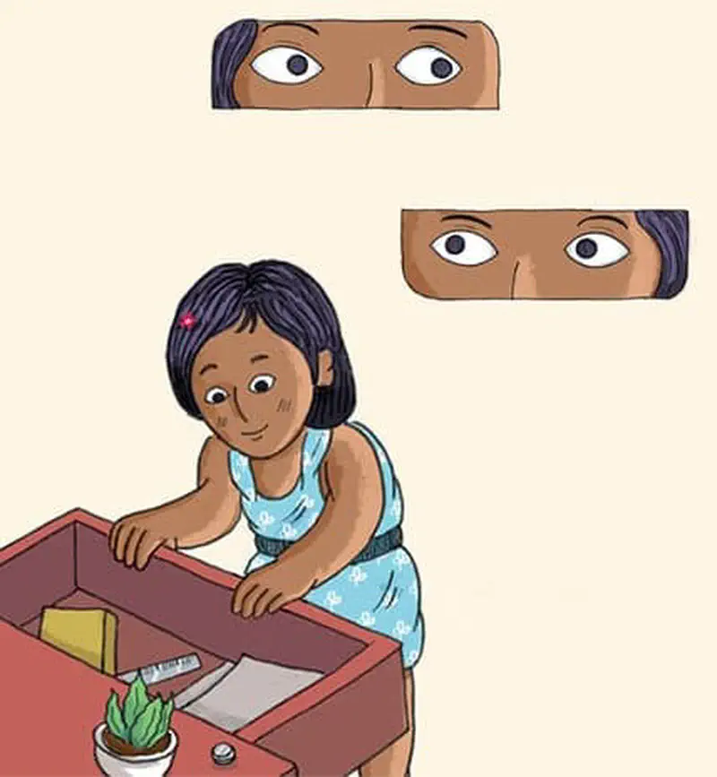 A curious girl opens her brother's desk drawer. Closeup panels show watchful eyes observing. A small plant sits on the desk.