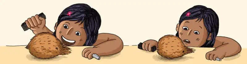 Two views of a girl testing a magnet on a hairy coconut. First she smiles hopefully, then looks surprised when it does not stick.