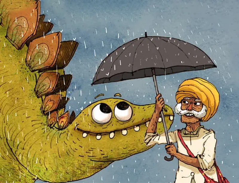 Stegosaurus and turbaned man standing together in rain, man holding umbrella over the dinosaur's head.