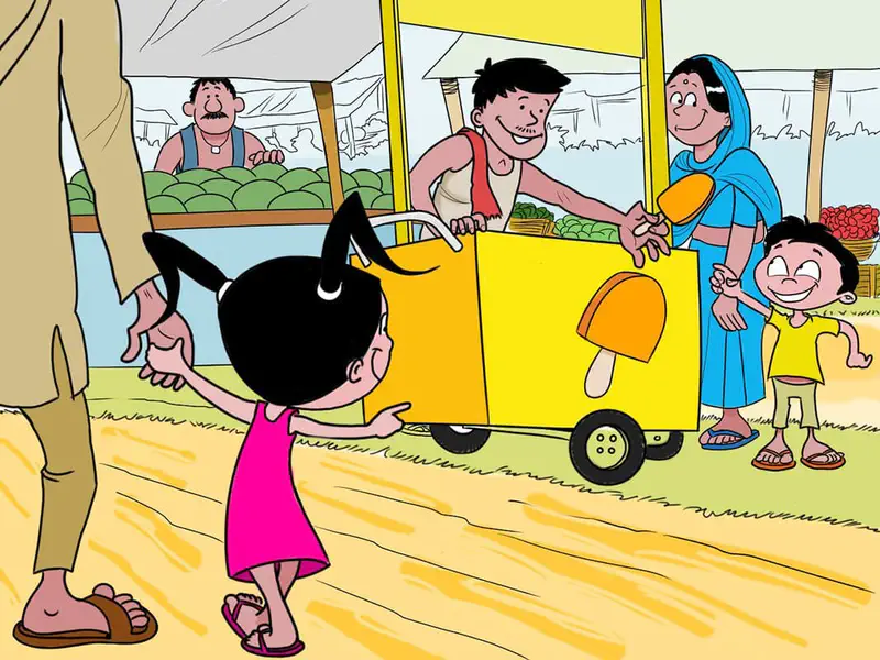 Girl in pink dress reaching toward yellow ice cream cart at market with mother and boy nearby.