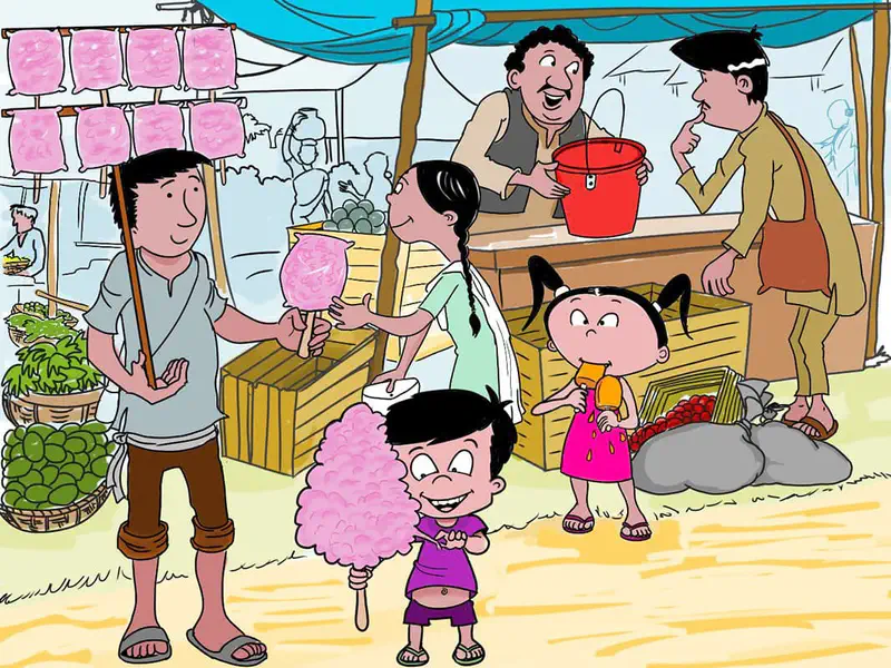 Busy market scene with children buying cotton candy and popsicles from vendors at stalls.