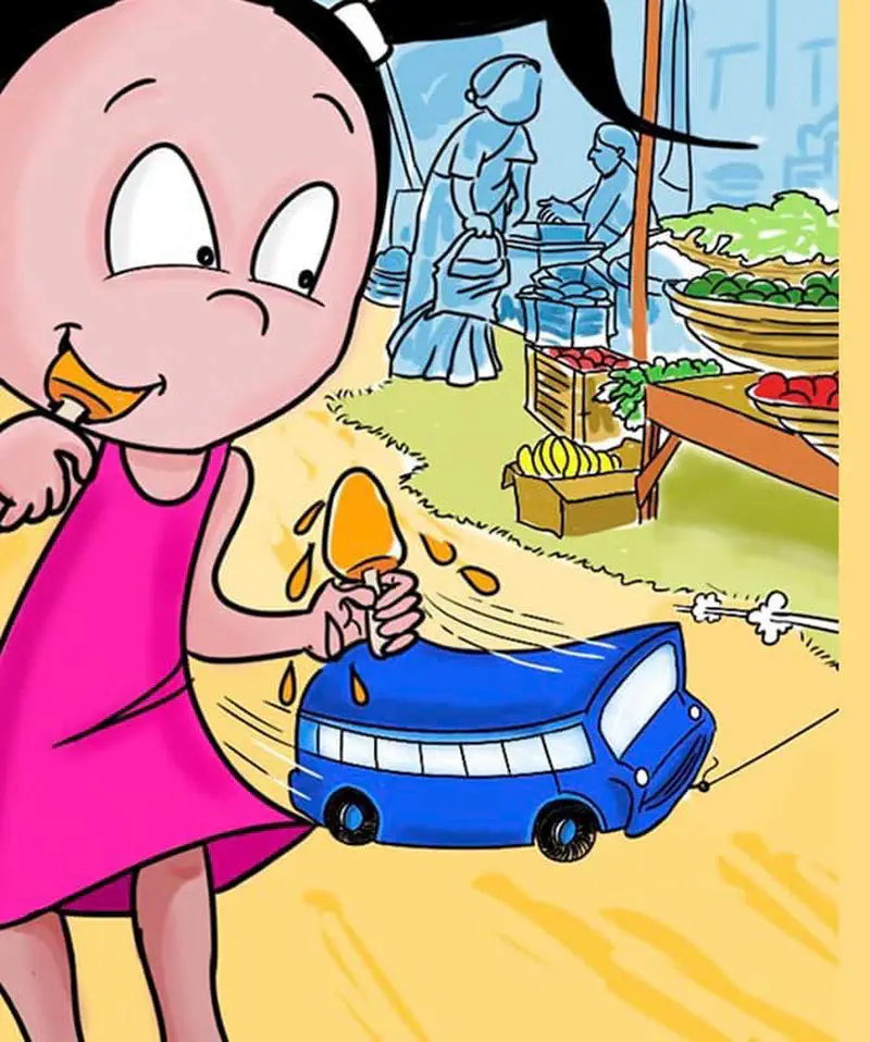 Girl eating popsicle while watching blue toy car drive past market fruit vendors.