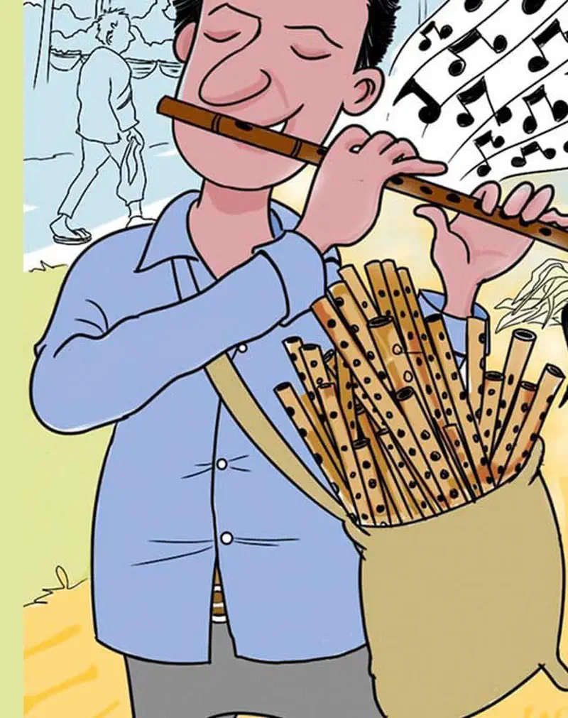 Man playing wooden flute with music notes floating, carrying bag full of bamboo flutes at market.