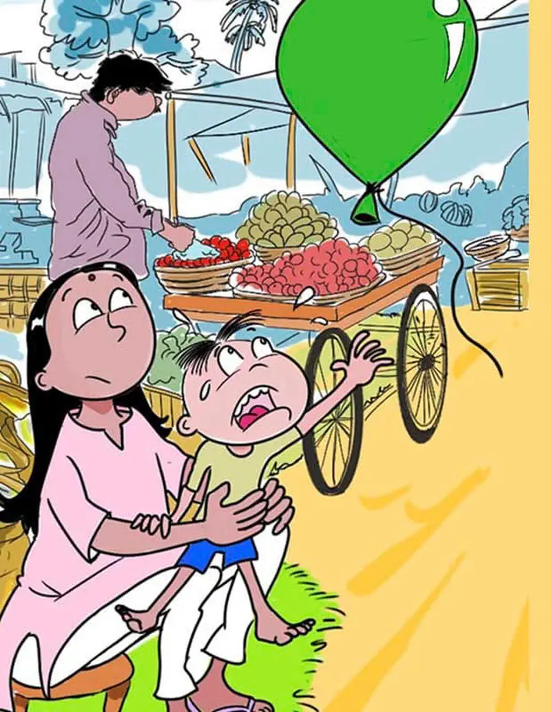 Mother holding crying toddler reaching for floating green balloon at outdoor fruit market.