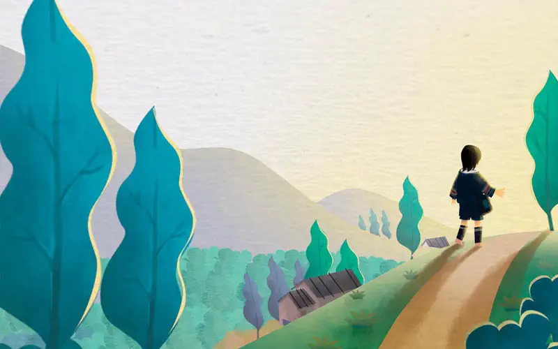 Girl in dark traditional clothing walking on hillside path looking toward village with tall teal trees.