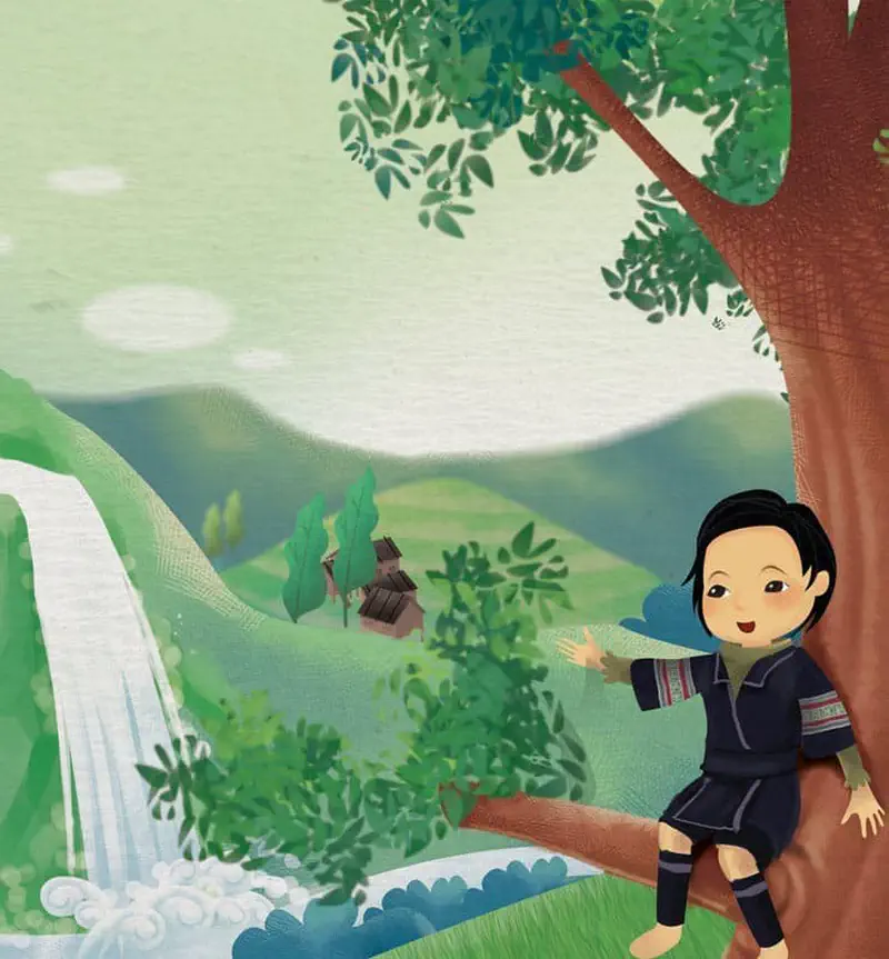 Girl in traditional clothing sitting in tree branch looking at waterfall and village in green hills.