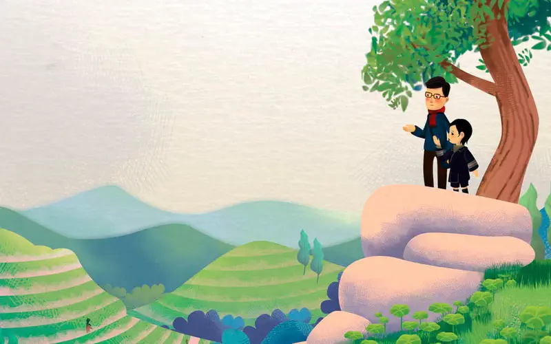 Father and daughter standing on rocky outcrop under tree, overlooking green terraced hills and valley.