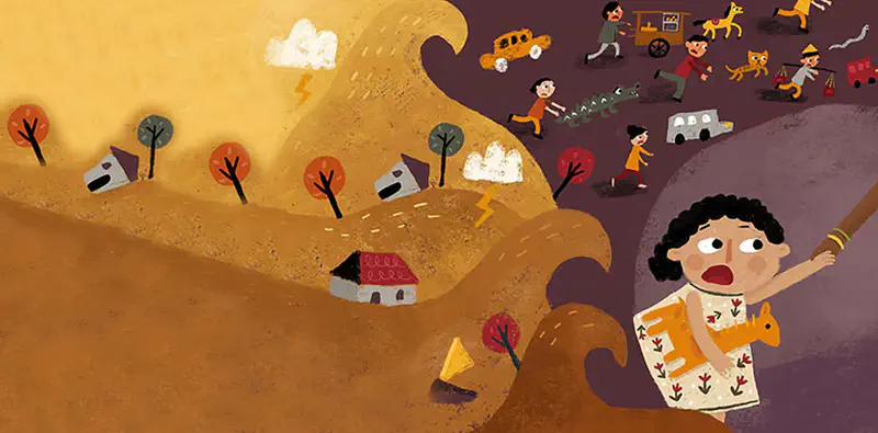 Dramatic flood scene with mudslide waves engulfing houses while scared girl holds toy giraffe.