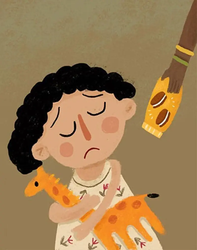 Sad curly-haired girl hugging toy giraffe while adult hand reaches down offering another giraffe toy.