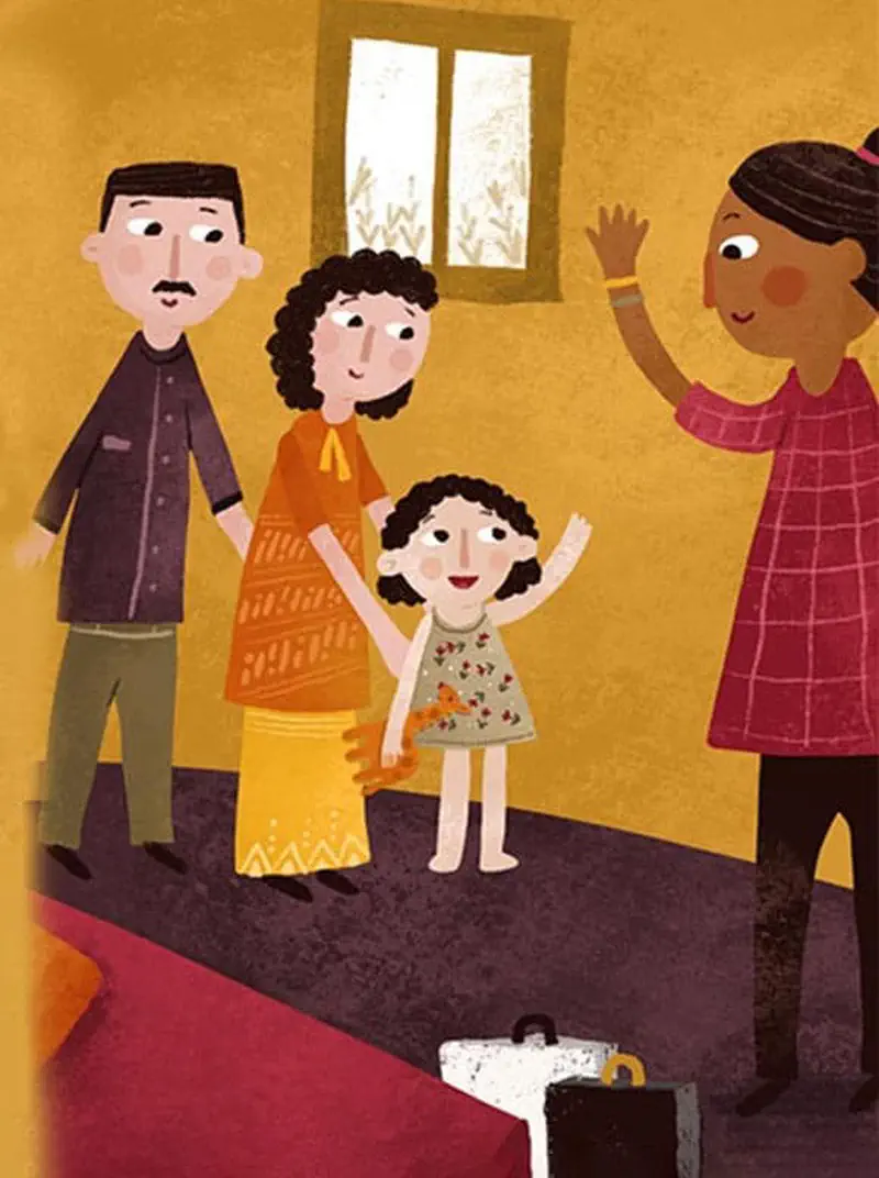 Family waving goodbye to girl with ponytail and first aid kit in warm-colored room.