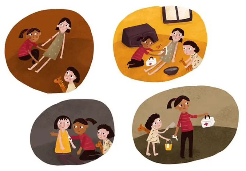 Four panels showing girl helping younger child get dressed, providing first aid, comforting, and walking together.