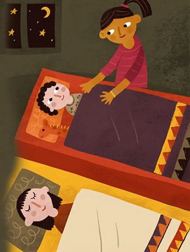 Girl tucking curly-haired child into bed at night while another child sleeps nearby.