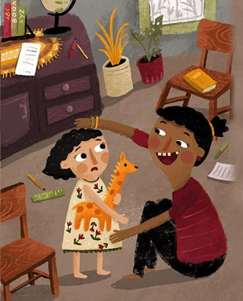 Older girl kneeling and patting head of worried younger girl holding toy giraffe in cozy room.