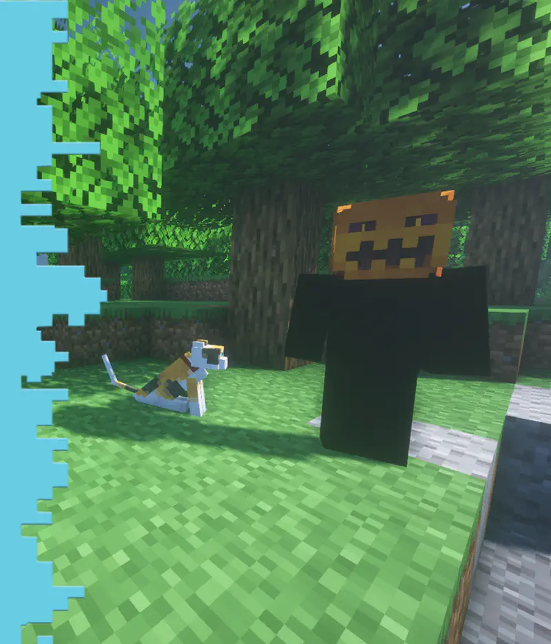 Minecraft player with pumpkin head standing in forest clearing with sitting cat nearby on grass.