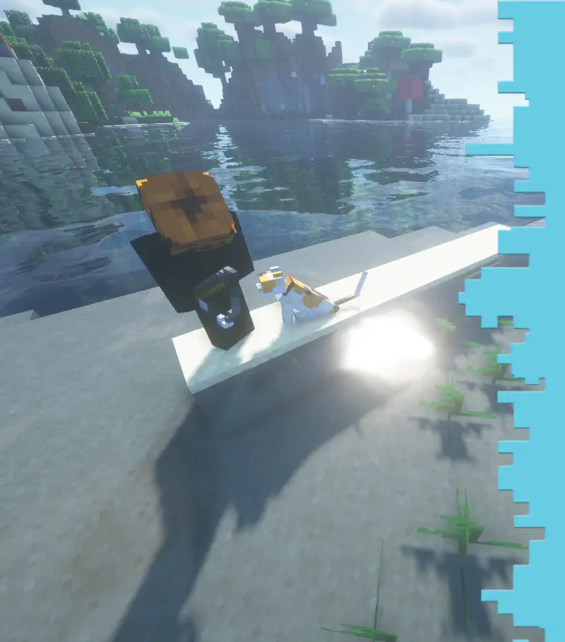 Minecraft pumpkin-headed player and cat on white dock overlooking water with island in distance.