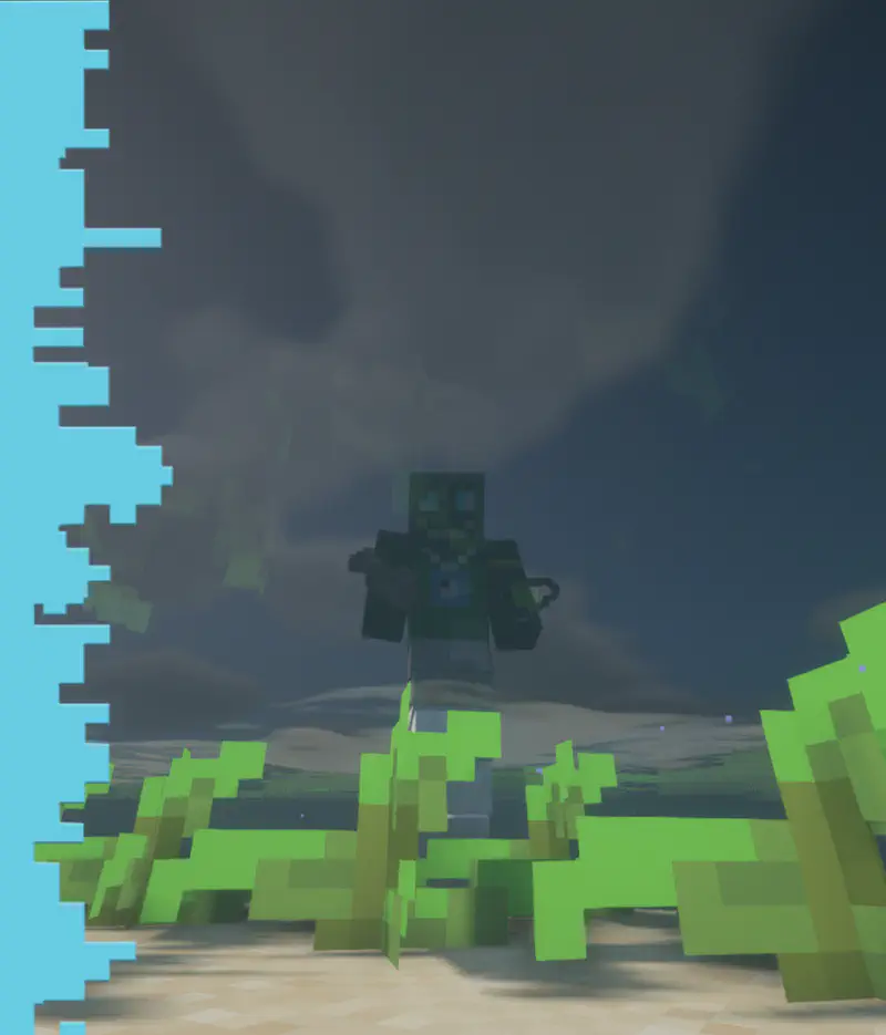 Underwater Minecraft scene with drowned zombie mob standing among seaweed on dark ocean floor.