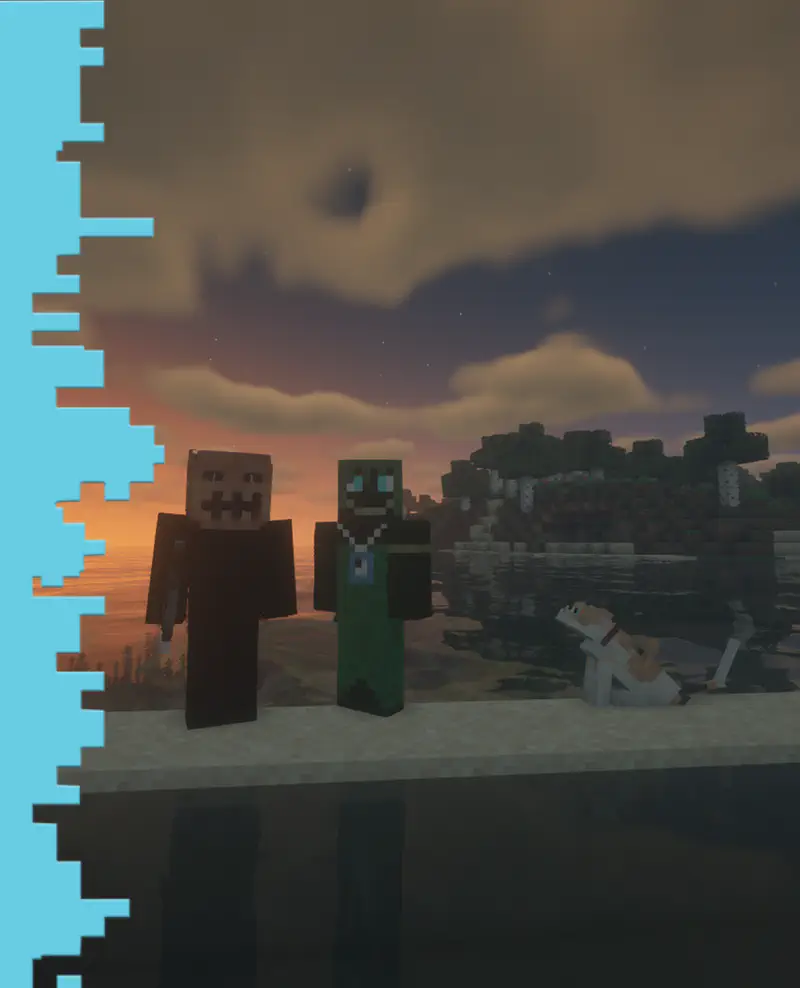 Minecraft skeleton and frog character with dog standing on platform at sunset over water.